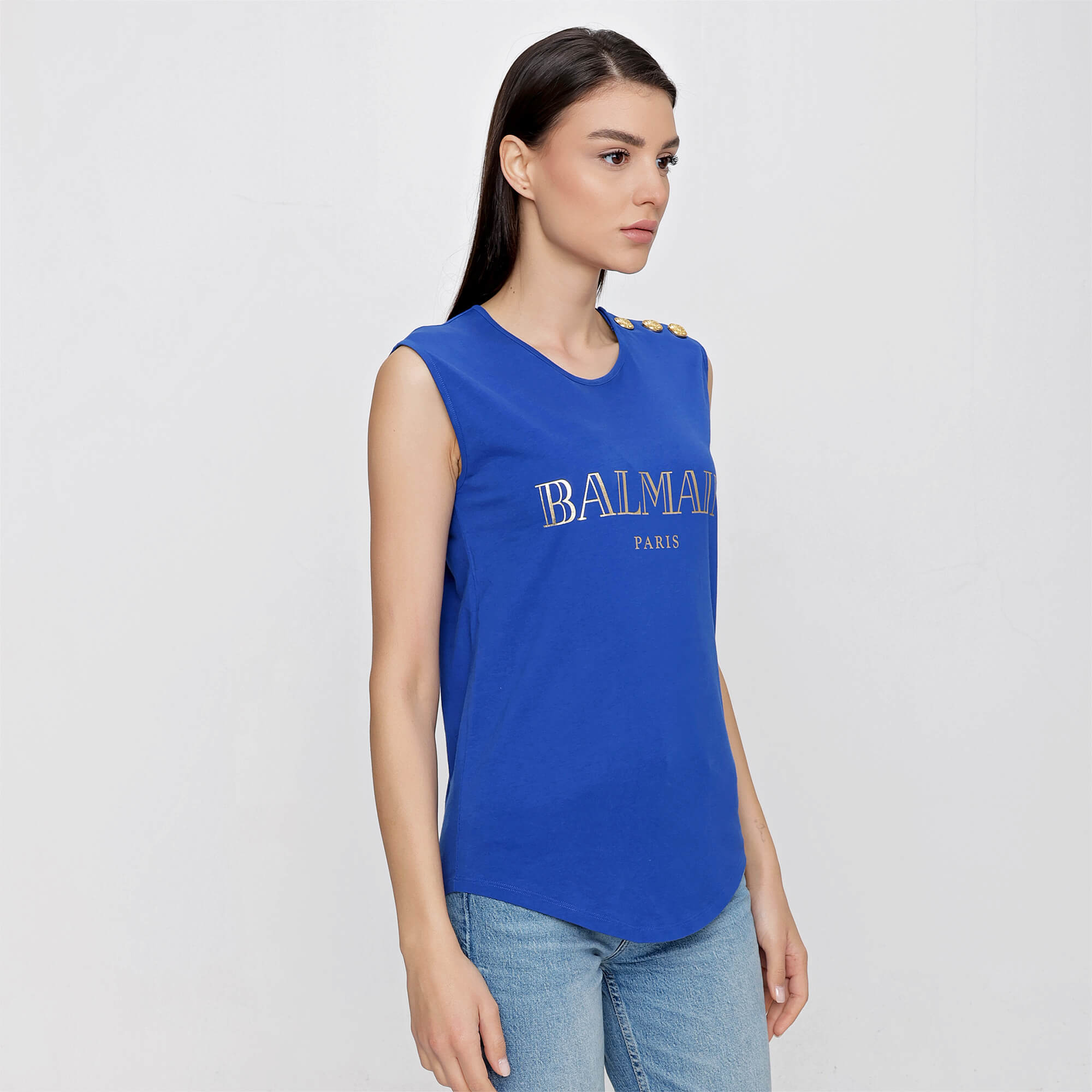 Balmain - Blue Gold Tone Balmain Logo Sleeveless T-shirt